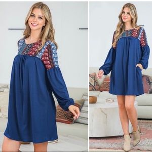Floral Xmas colors boho print bubble long sleeve woven women’s fall yoke dress